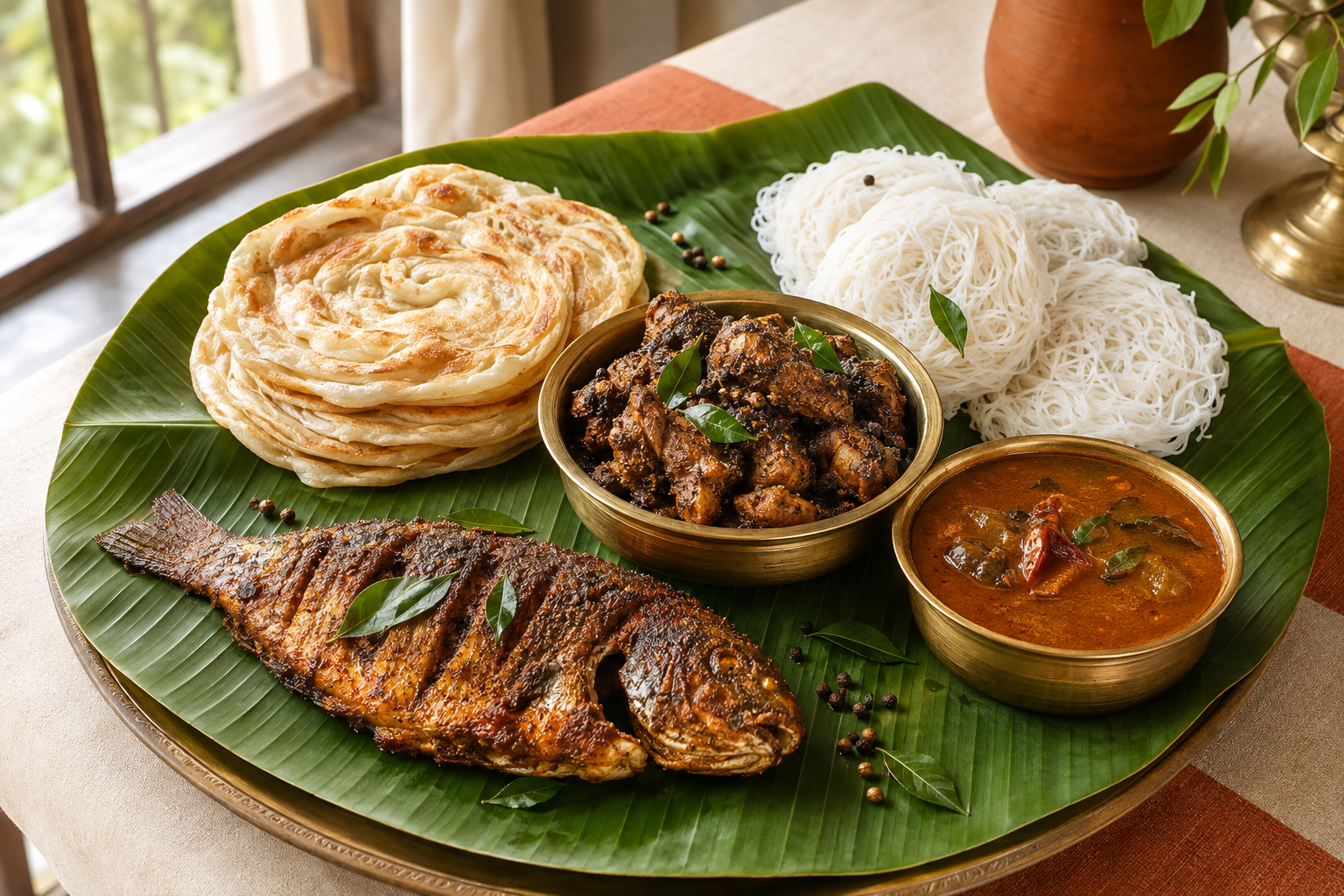Chettinad feast with parotta, idiyappam, fish fry and pepper chicken served on banana leaves